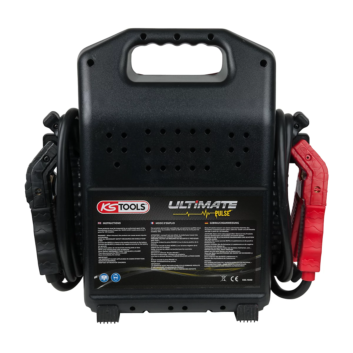 Schwarzes Starthilfegerät mit roten und schwarzen Klemmen. Aufschrift: KS TOOLS ULTIMATE PULSE.